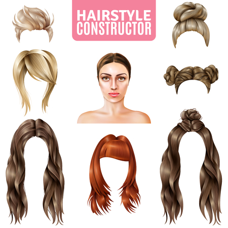Hairstyles for women constructor including model, long and short hair, in bun, with fringe isolated vector illustrationのイラスト素材