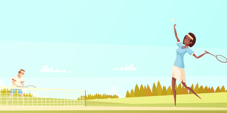 Sportswoman retro cartoon set with doodle human characters with rackets and tennis net on suburban scenery background vector illustrationのイラスト素材