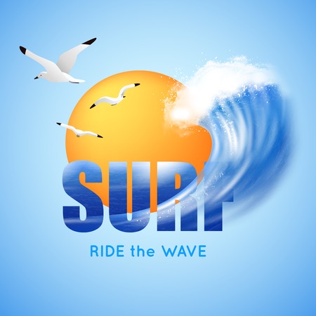 Surfing and big ocean wave poster with typographic lettering, sun, flying seagulls on blue background vector illustrationのイラスト素材