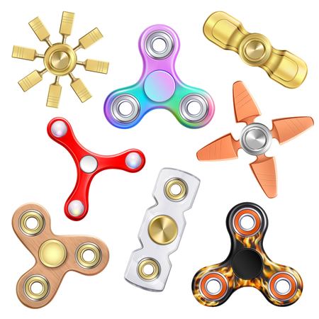 Fidget finger spinner realistic set with stress-relieving toy images and various models with different shape vector illustrationのイラスト素材