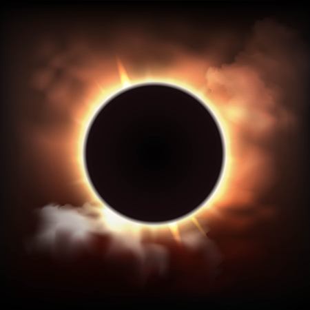 Abstract background with total sun eclipse in dark clouds in realistic style vector illustrationのイラスト素材