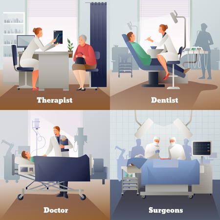 Doctor and patient, gradient compositions with physician near ill, surgeons, appointment at therapist, dentist isolated vector illustrationのイラスト素材