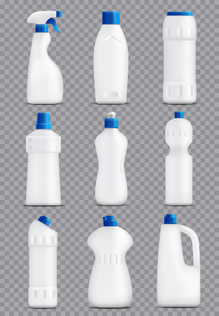 Detergent bottles realistic set of plastic packaging shapes for household chemicals with different pump caps vector illustrationのイラスト素材