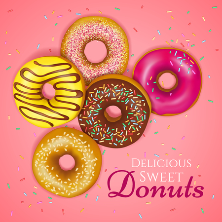 Delicious sweet donuts with sprinkles and colorful toppings on pink background realistic vector illustrationのイラスト素材