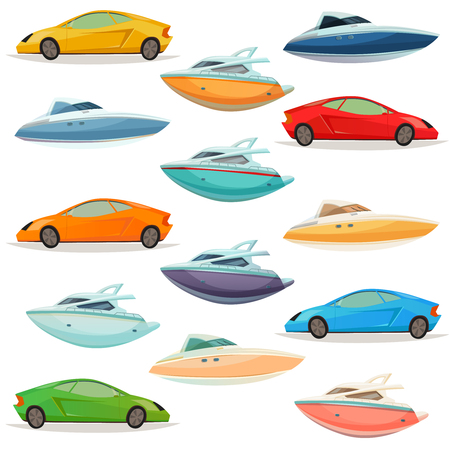 City resort area transportation retro cartoon icons collection with hatchback cars yachts and motorboats isolated vector illustrationのイラスト素材