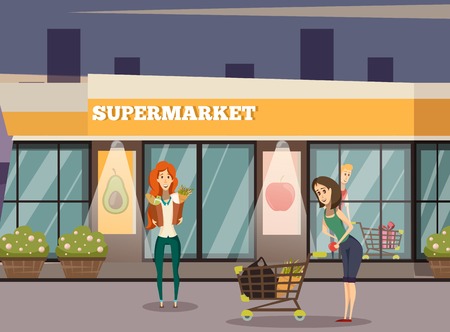 Supermarket building orthogonal background with people and goods symbols vector illustrationのイラスト素材