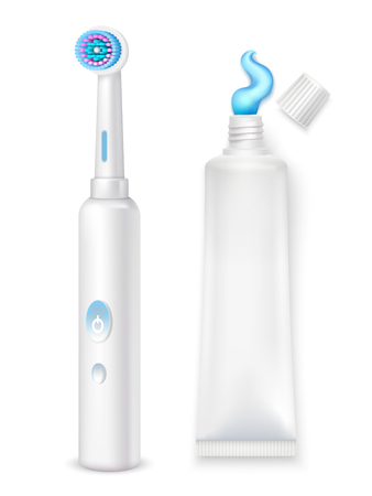 Hygiene decorative icons set of electric toothbrush and toothpaste tube on white background in realistic style isolated vector illustrationのイラスト素材