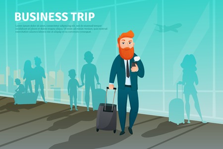 Colored flat businessman in airport poster with going red head man and business trip headline vector illustrationのイラスト素材