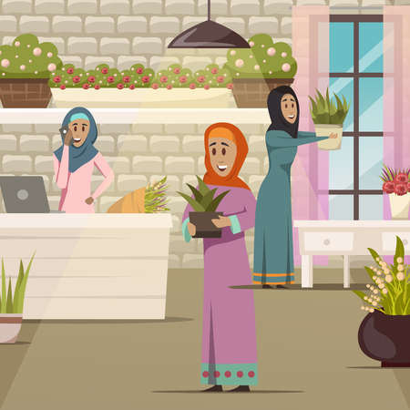 Arabic woman composition with flowers and house interior flat vector illustrationのイラスト素材
