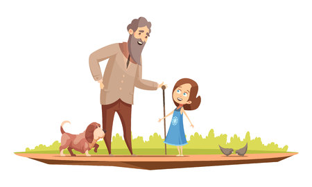 Old man senior character with cane walking with little girl and doggy outside retro cartoon poster vector illustrationのイラスト素材