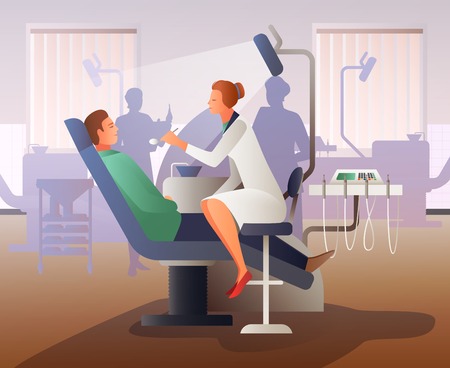 Flat composition with young man on appointment at dentist, professional equipment, interior elements gradient vector illustrationのイラスト素材
