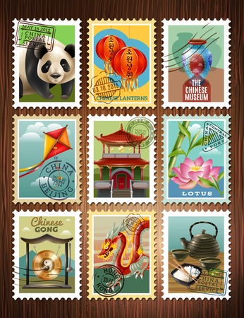Chinese culture traditions architecture colorful postage stamps set with panda pagoda dragon lotus tea ceremony poster vector illustrationのイラスト素材