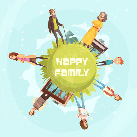 Happy family circular background with relatives figurines of mother, father daughter son grandfather grandmother cartoon vector illustrationのイラスト素材