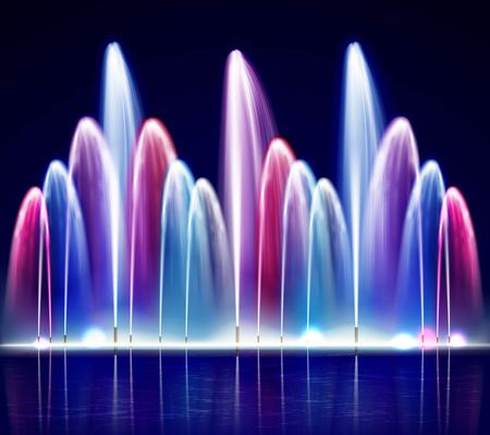 Lit night colorful fountain from water jets of various size on dark background realistic vector illustrationのイラスト素材