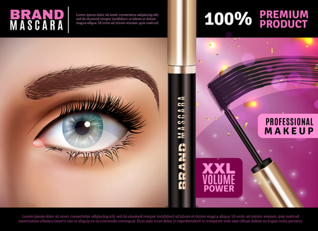 Mascara design background with female eye after applying professional make-up and mascara applicator with text vector illustrationのイラスト素材