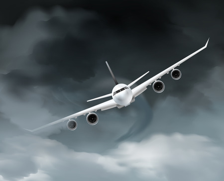 Airplane realistic composition with front view image of flying four motored aircraft and grey rainy clouds background vector illustrationのイラスト素材