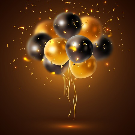 Glossy balloons composition with a bunch of sleek black and yellow balloons with golden sparkles vector illustrationのイラスト素材