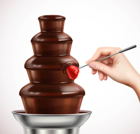 Colored realistic with dip strawberry into chocolate fountain composition or chocolate fondue vector illustrationのイラスト素材
