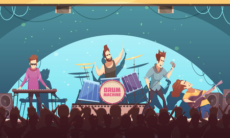 Open air festival rockband live music onstage performance retro cartoon banner with electronic instruments and audience vector illustrationのイラスト素材
