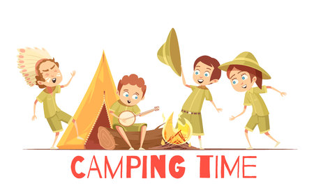 Boys scouts summer camp activities retro cartoon poster with playing indian and singing campfire songs vector illustrationsのイラスト素材