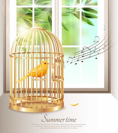 Canary singing in golden birdcage with music notes in summer time on background of window vector illustrationのイラスト素材