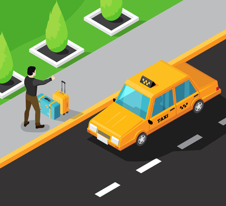 Taxi service isometric background with passenger on sidewalk stopping yellow taxi car moving on road vector illustrationのイラスト素材