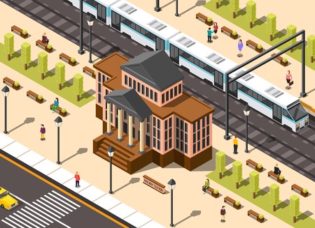 Government building isometric composition of classic architecture railway station and urban environment with high-speed train vector illustrationのイラスト素材