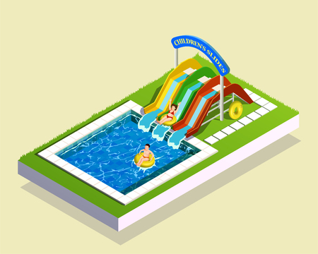Water park children isometric composition of small waterslides and swimming bath images with kids on tubes vector illustrationのイラスト素材