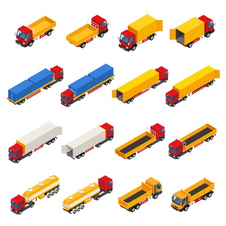Truck isometric set of isolated commercial motor vehicle images with empty and load carrying cargo areas vector illustrationのイラスト素材