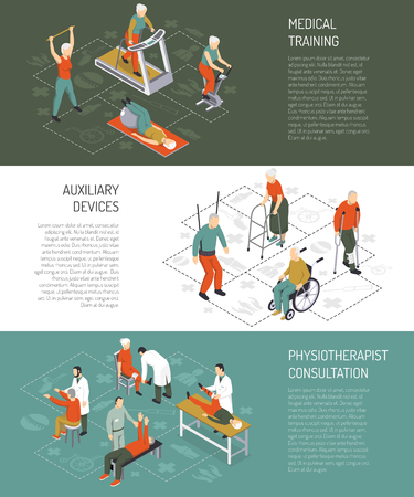 Rehabilitation isometric horizontal banners with medical training auxiliary devices physiotherapist consultation design compositions vector illustrationのイラスト素材