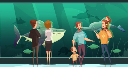 People in aquarium design composition with adults and children looking at floating fishes flat vector illustrationのイラスト素材