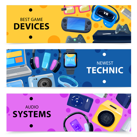 Character geek nerd horizontal banners collection with doodle images of various portable electronic devices and gadgets vector illustrationのイラスト素材