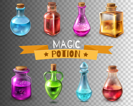 Potion bottle transparent set of isolated magic glass tube images of different colour and shape vector illustrationのイラスト素材