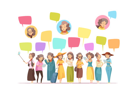 Senior elderly women online activities retro cartoon composition poster with avatar and chat messages bubbles vector illustrationのイラスト素材