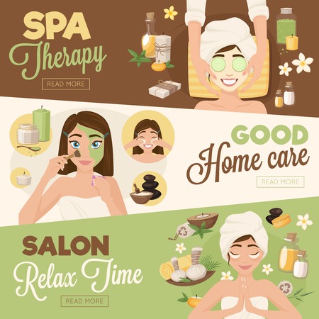 Set of three woman morning routine banners with facial images girl characters and read more button vector illustrationのイラスト素材