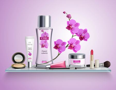 Makeup colored and realistic composition with set of luxury cosmetics on glass shelf vector illustrationのイラスト素材