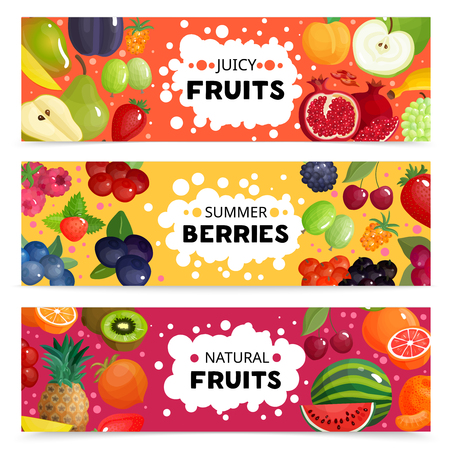 Set of three horizontal berries and fruits banners with colorful images of natural fruit slices with text vector illustrationのイラスト素材