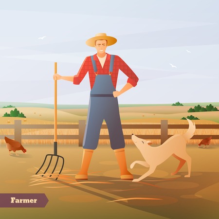 Farmer in overalls and hat with pitchfork and dog at paddock for chicken flat composition vector illustrationのイラスト素材