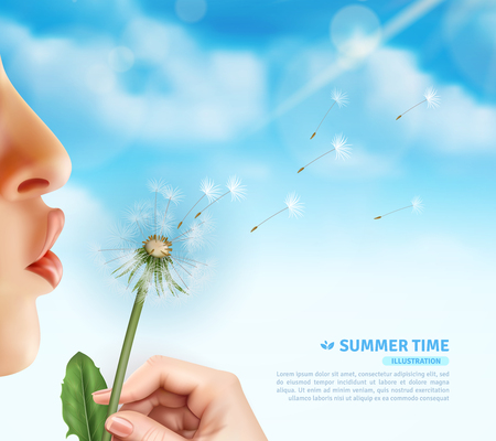 Realistic lips dandelion background with realistic human lips and hand holding blowball flower with editable text vector illustrationのイラスト素材