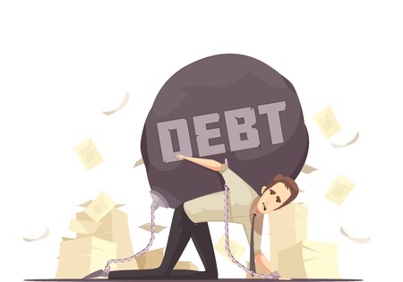 Business failure symbolic retro cartoon icon with kneeling businessmen chained to heavy debt burden vector illustrationのイラスト素材