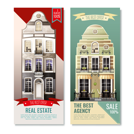 Vertical banners with old european facade houses as advertising of real estate agency isolated vector illustrationのイラスト素材