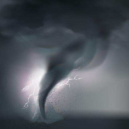 Tornado composition with bad rough weather fulmination realistic grogs thunder firestorm and bolt of lighting vector illustrationのイラスト素材
