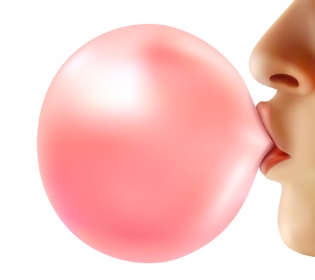 Female lips holding shiny pink bubble from chewing gum 3d design on white background realistic vector illustrationのイラスト素材