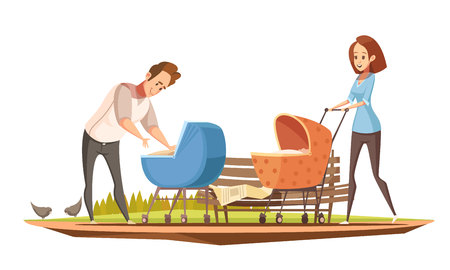 Parenthood duties retro cartoon poster with mother and father with 2 babies in prams outdoor vector illustrationのイラスト素材
