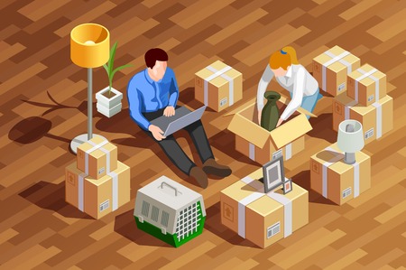 Moving people isometric composition with married couple human characters unpacking cardboard boxes in the new apartment vector illustrationのイラスト素材