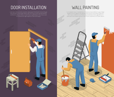 Isometric vertical renovation banners set with men installing door and painting walls 3d isolated vector illustrationのイラスト素材