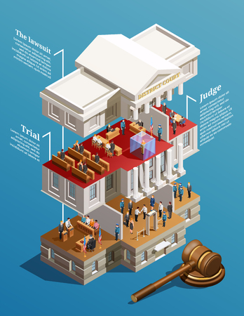 Law infographic isometric composition with sectional view of court building with text captions for each floor vector illustrationのイラスト素材