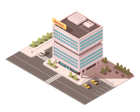 Office building with ventilation equipment on roof road infrastructure and parking for taxi isometric mockup vector illustrationのイラスト素材