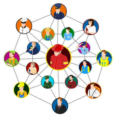 Network for professional conceptual composition with social networking graph and circle avatars connected by dashed lines vector illustrationのイラスト素材