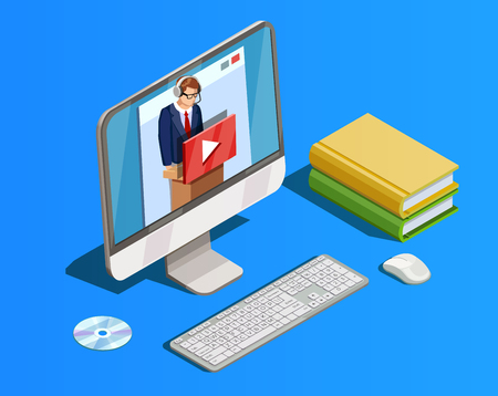 Online education icon isometric composition with books and desktop computer with video tutorial teacher in headset vector illustrationのイラスト素材
